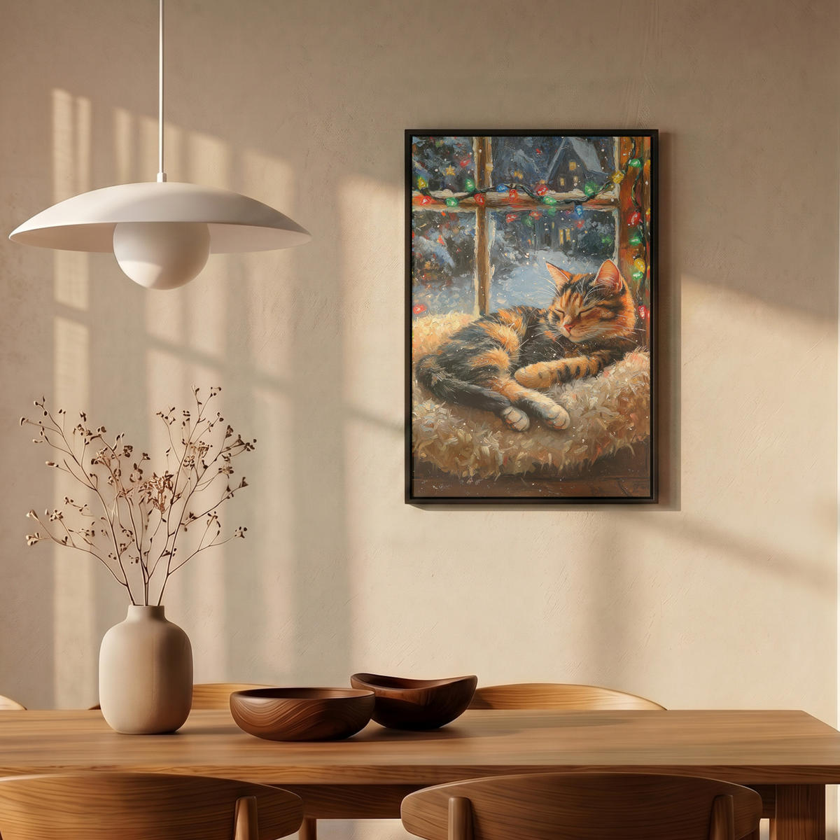 LEINWAND Bilder mit Rahmen - Katze - Weihnachten - Winter - Tier - 40x60 - Bernsteinfarben, Textil (40/60cm) - MuchoWow