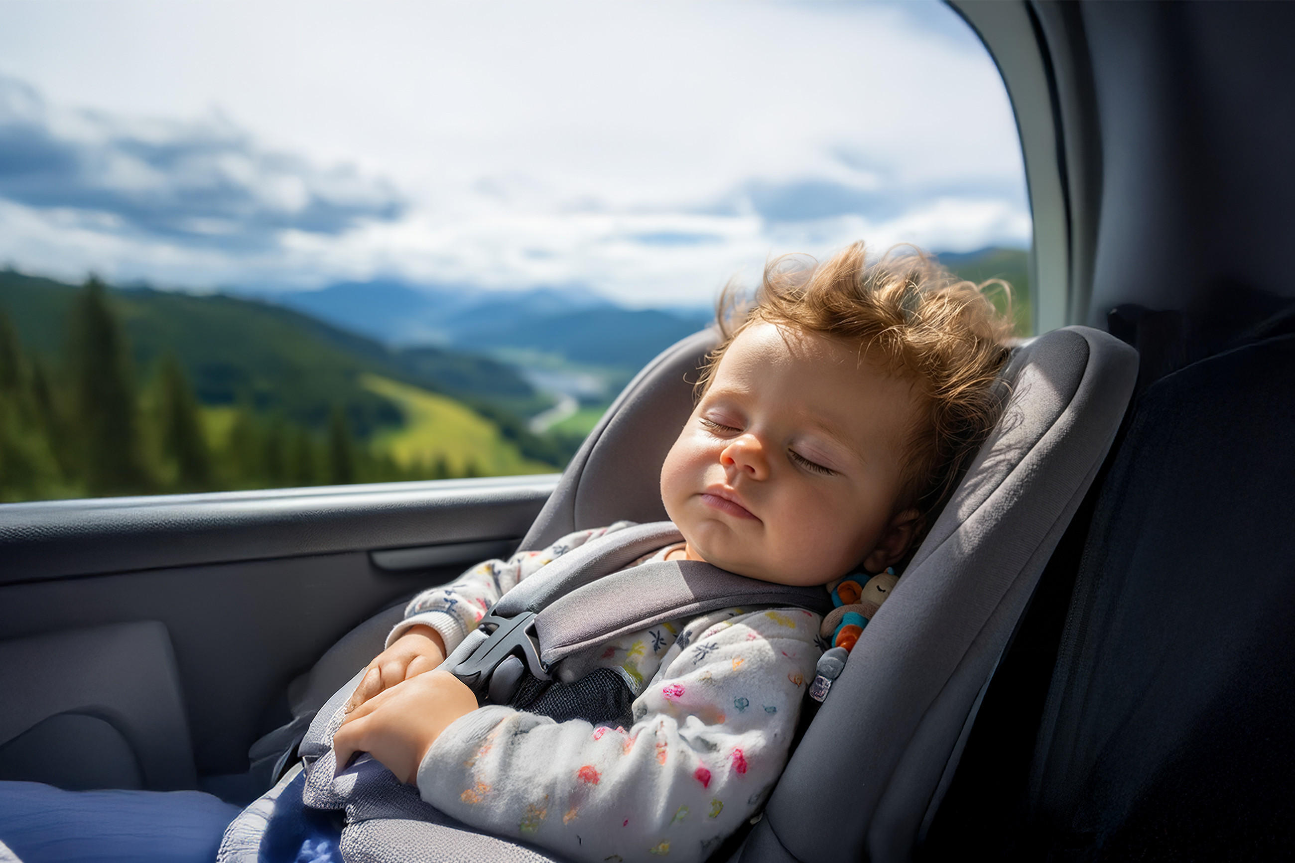 Ein Baby schläft angeschnallt in einem grauen Kindersitz auf der Rückbank eines Autos. Durch das Seitenfenster ist eine unscharfe Landschaft zu sehen; links im Bild steht in einer grünen Sprechblasenform ‚XXXLutz Babywelt Ratgeber.