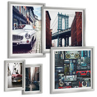 BILDER SET 5er Set - 50x50 cm & 20x30 cm & 40x60 cm Silberner Rahmen - Old Cars Brooklyn Retro-Audio - Silberfarben, Kunststoff (40/60cm) - TULUP