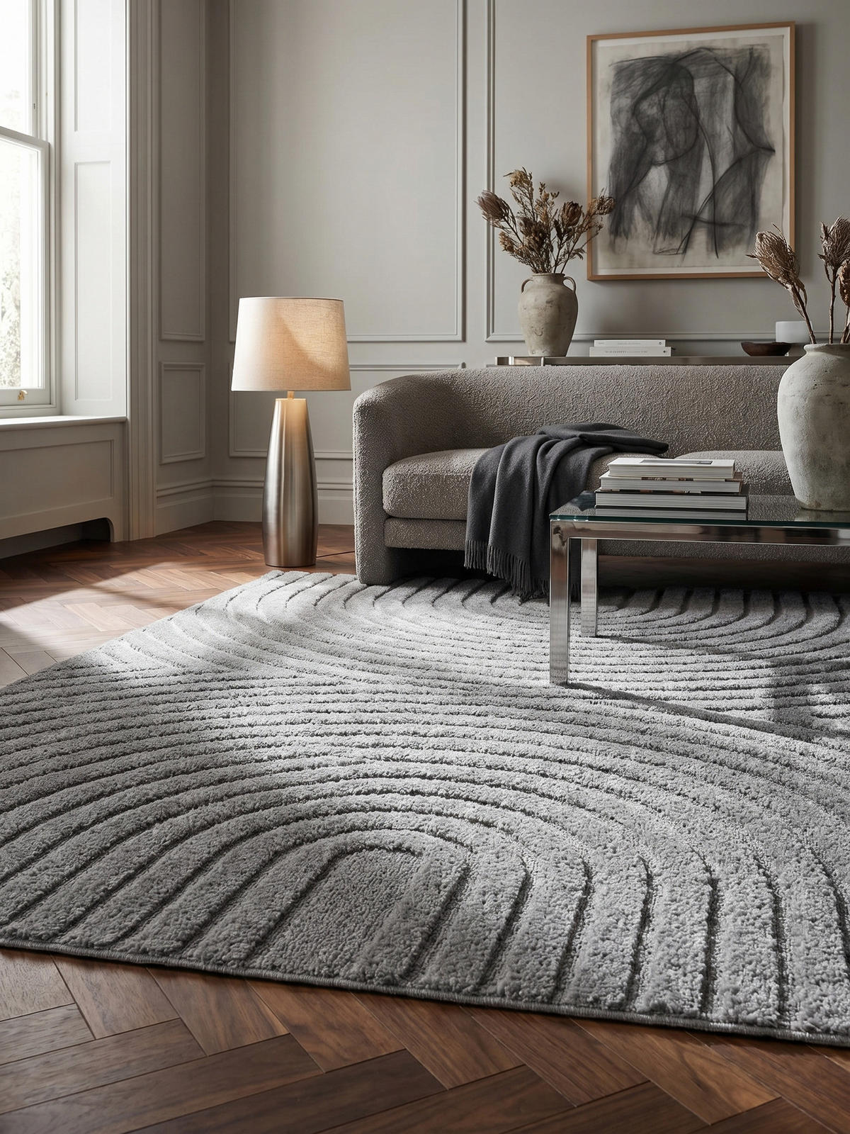 TEPPICH Wohnzimmer Hoch-Tief 3D-Effekt Organische Bögen mit 3D-Effekt OEKO-TEX 3D-Relief Boho Silber 200x290 – RIGI - Silberfarben, Textil (200/290cm) - KADIMA DESIGN