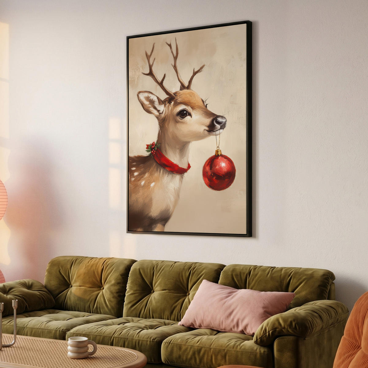 LEINWAND Bilder mit Rahmen - Weihnachten - Hirsch - Geweih - Weihnachtskugel - Rentier - 80x120 - Hellbraun, Textil (80/120cm) - MuchoWow