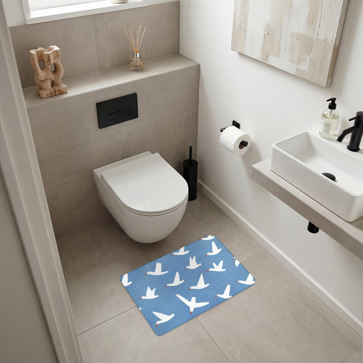 BADEMATTE Vögel - Weiß - Muster 60x40 cm - Blau, Kunststoff/Textil (60/40cm)
