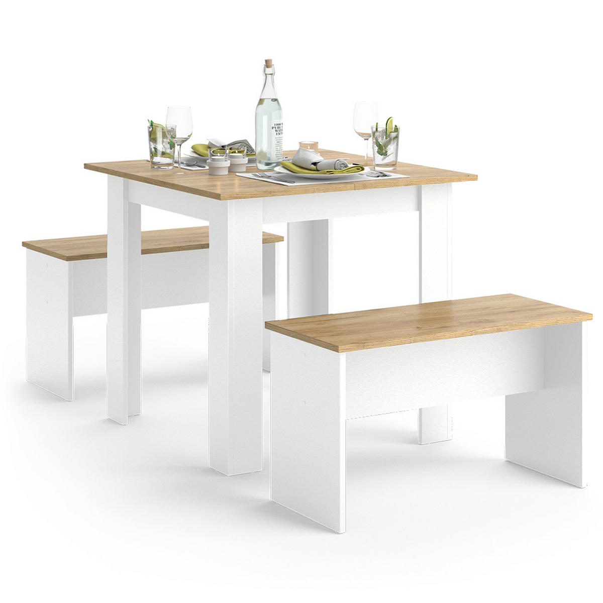 ESSTISCH SET Sentio Weiß/Goldkraft Eiche 80 x 80 cm mit 2 Bänken - Honigeiche/Weiß, Holzwerkstoff (80/73/80cm) - Vicco