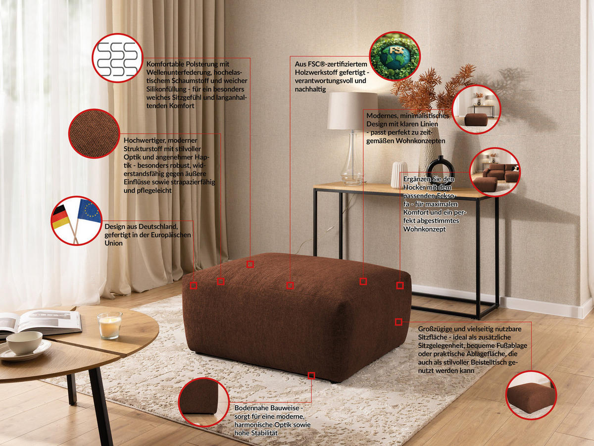 HOCKER Lennon aus Braun Strukturstoff mit vielseitiger Nutzung - Schwarz/Braun, Holz/Kunststoff (102/42/76cm) - S-Style