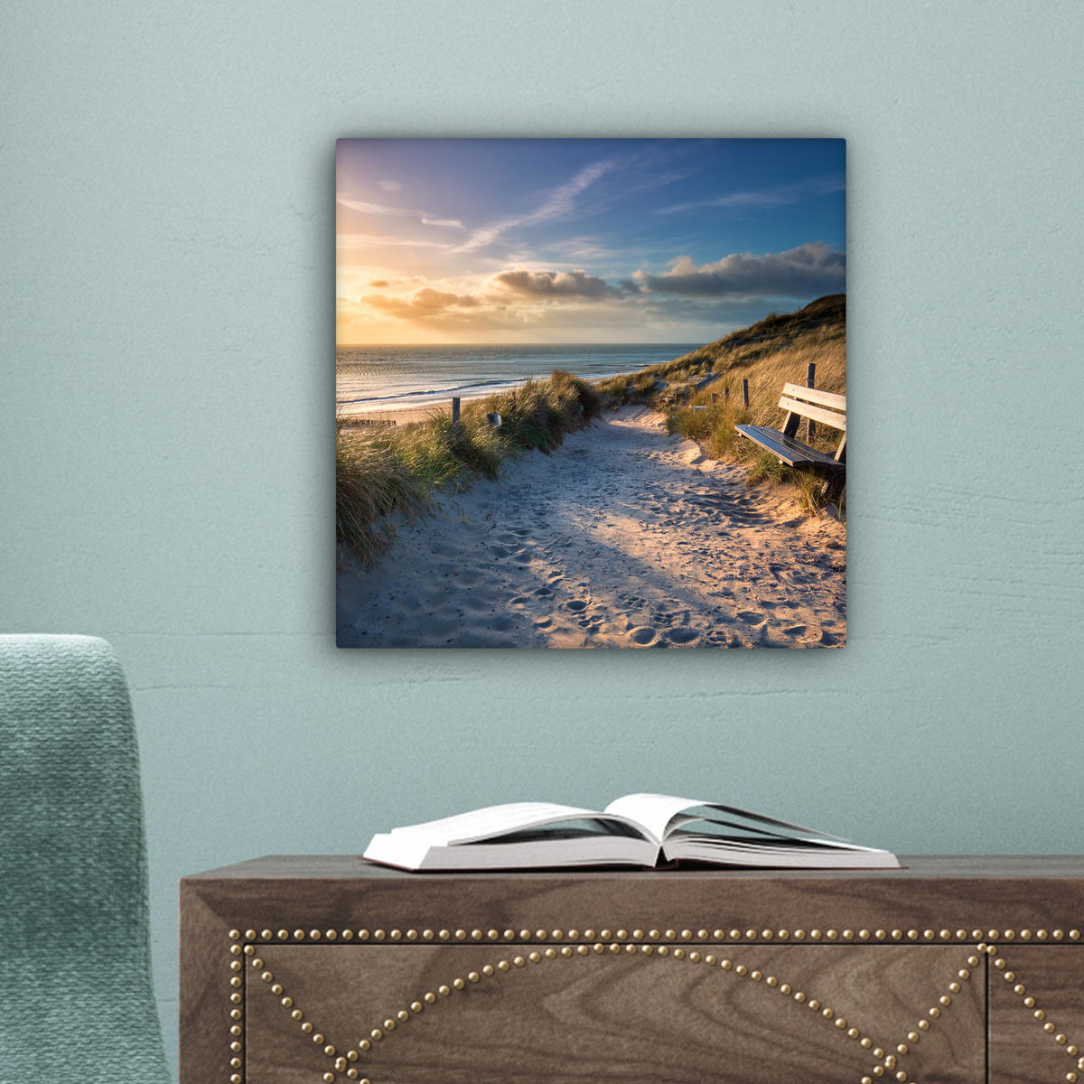 LEINWANDBILD - Sonnenuntergang - Strand - Düne - Gras - Ufer - 20x20 - Wandbilder - Sandfarben, Textil (20/20cm) - MuchoWow