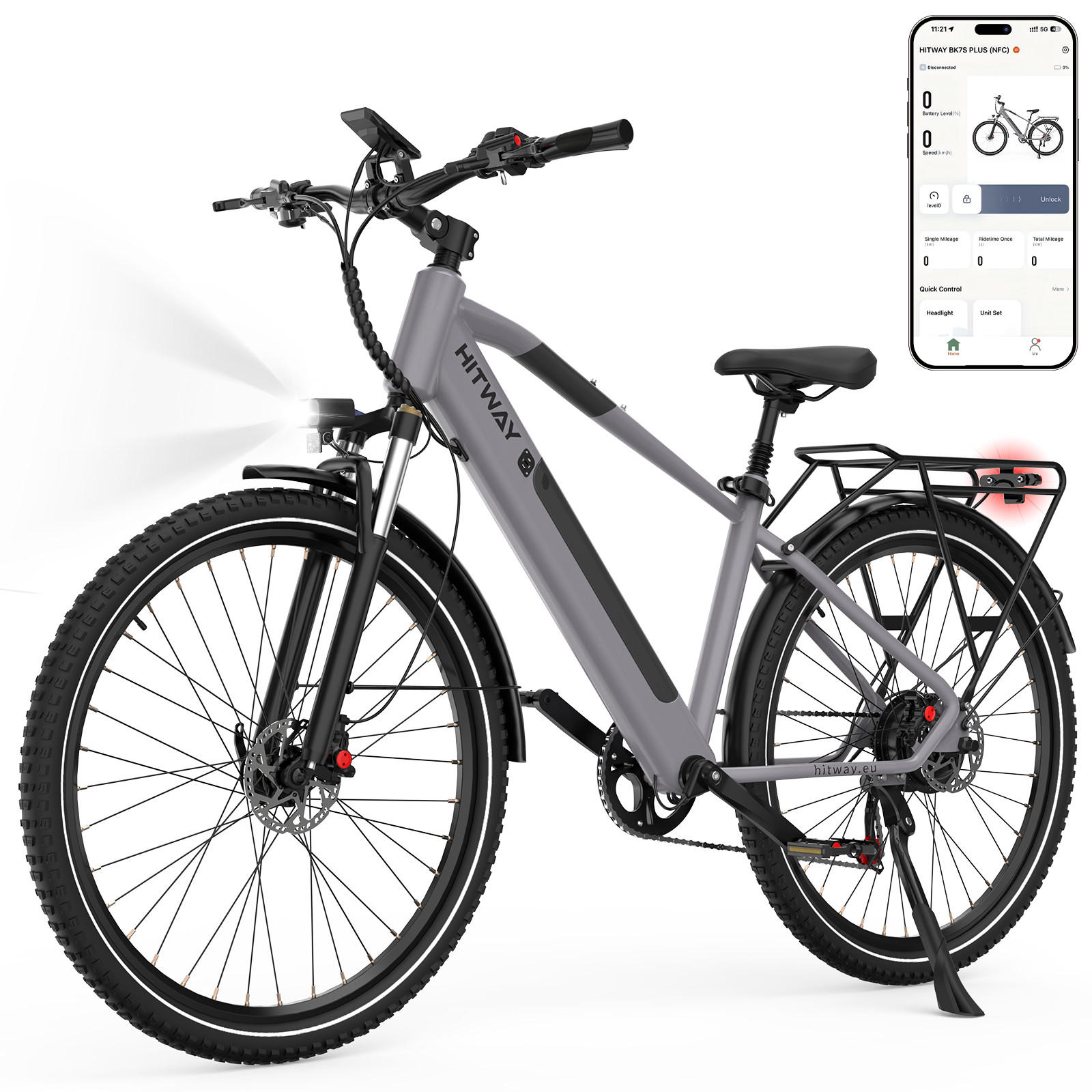 E-BIKE BK7SPLUS 27 kg Leichtbau mit 120 kg Traglast 3 Startmethoden Komfort für 170–195 cm - Grau, Metall (86cm) - HITWAY