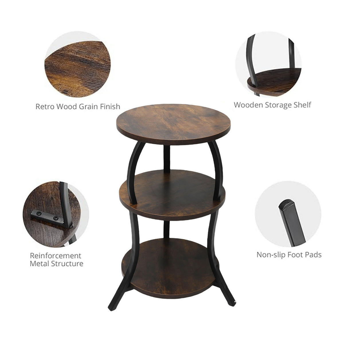 RUNDER Beistelltisch mit 3 Ablagen, MDF-Metallgestell, rustikaler Akzenttisch, Nachttisch für Wohnzimmer, Schlafzimmer oder Couch - Graubraun, Holz (30/30/55cm) - Ej. Life