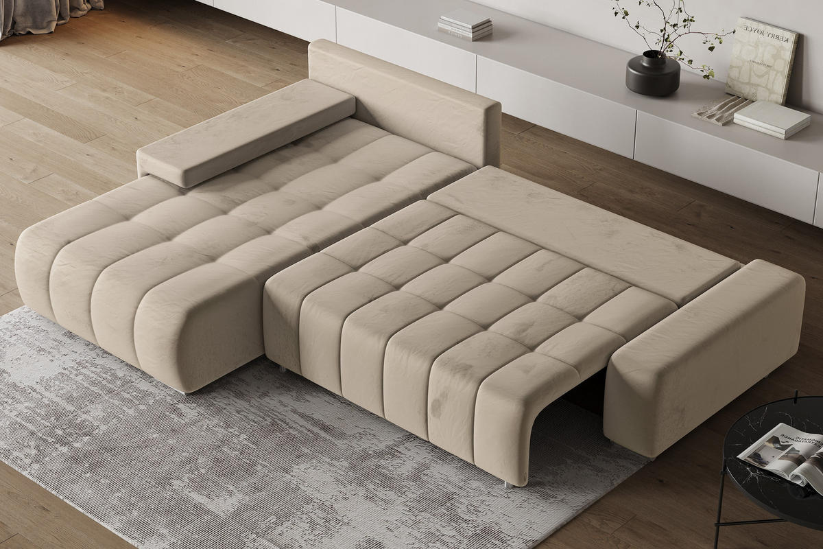 ECKSOFA ALESE L-S Creme Velours-Stoff mit Schlaffunktion - Creme, Holz (265/185cm) - MASSENO