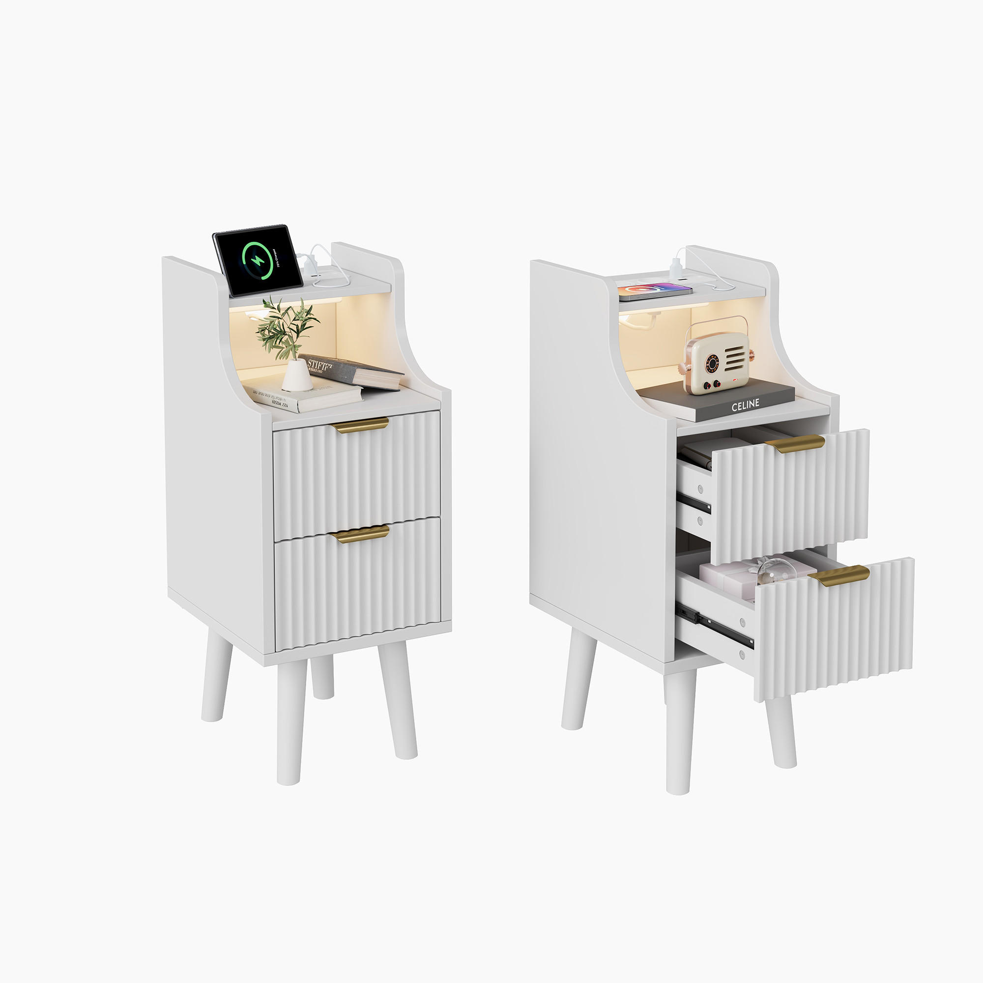NACHTTISCH 2er-Set mit LED, Steckdose & USB, 2 Schubladen, Weiß, MDF - Weiß, Holz (25/76/30cm)