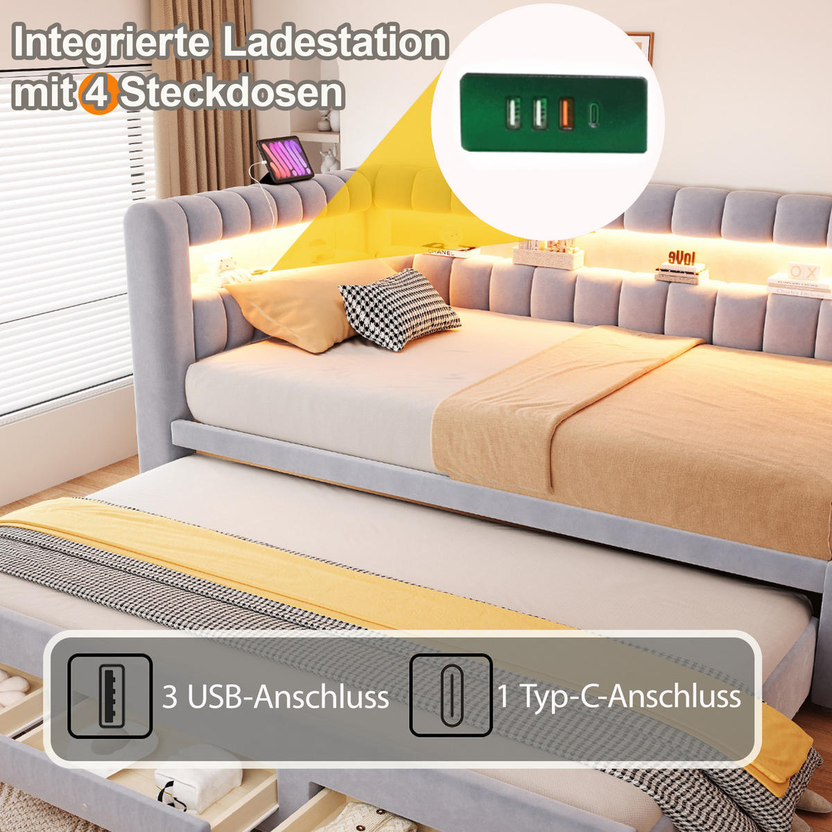 POLSTERBETT Schlafsofa aus Samt 90x190 cm Hellgrau mit Ausziehbett, LED-Beleuchtung, USB-C und Stauraum - Hellgrau, Textil (90/190cm) - Modfu