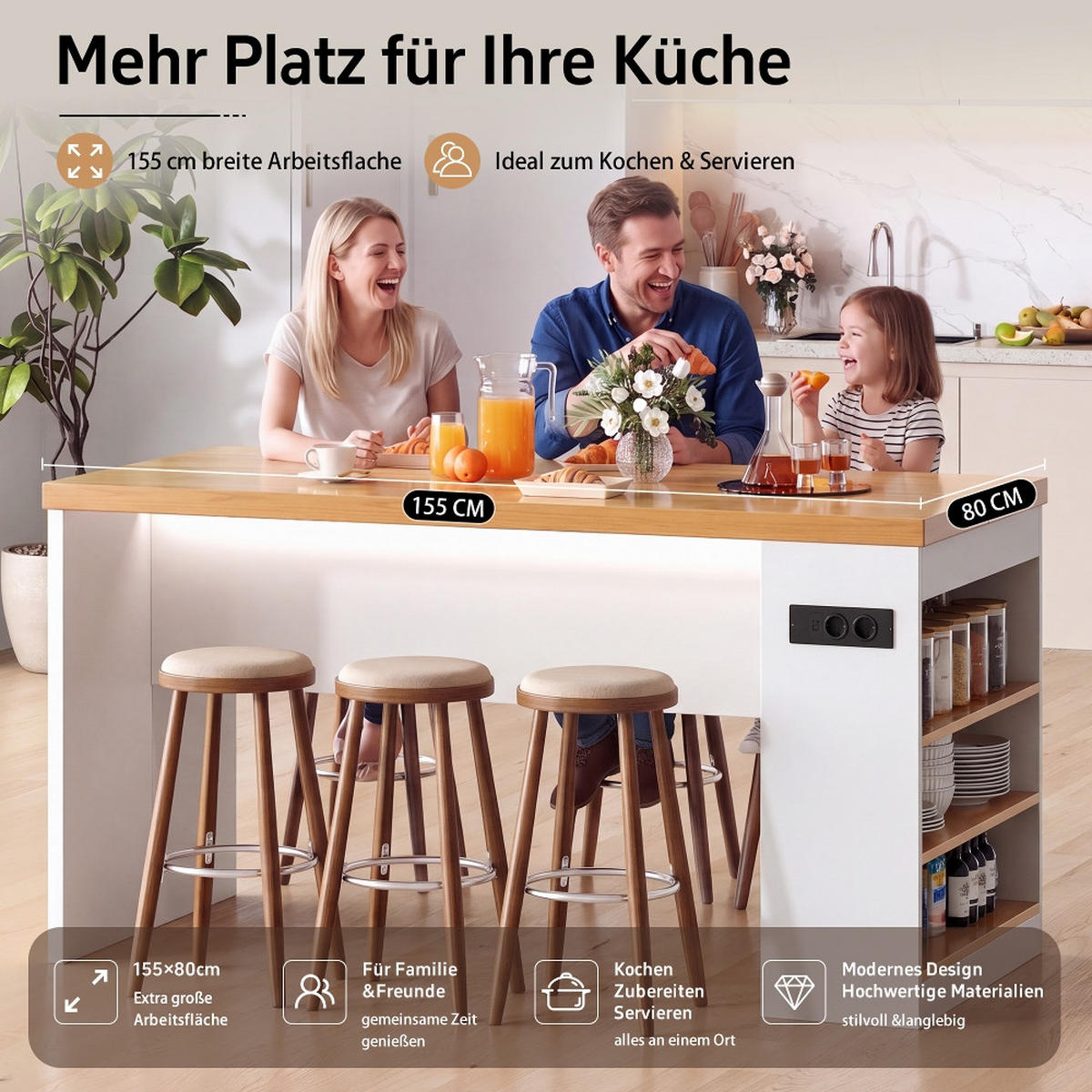 KÜCHENINSEL mit LED, 40mm Arbeitsplatte, Steckdose & USB, 3 Ablagen, 155/80/90 cm - Weiß, Kunststoff (80/90/155cm) - Rolipo