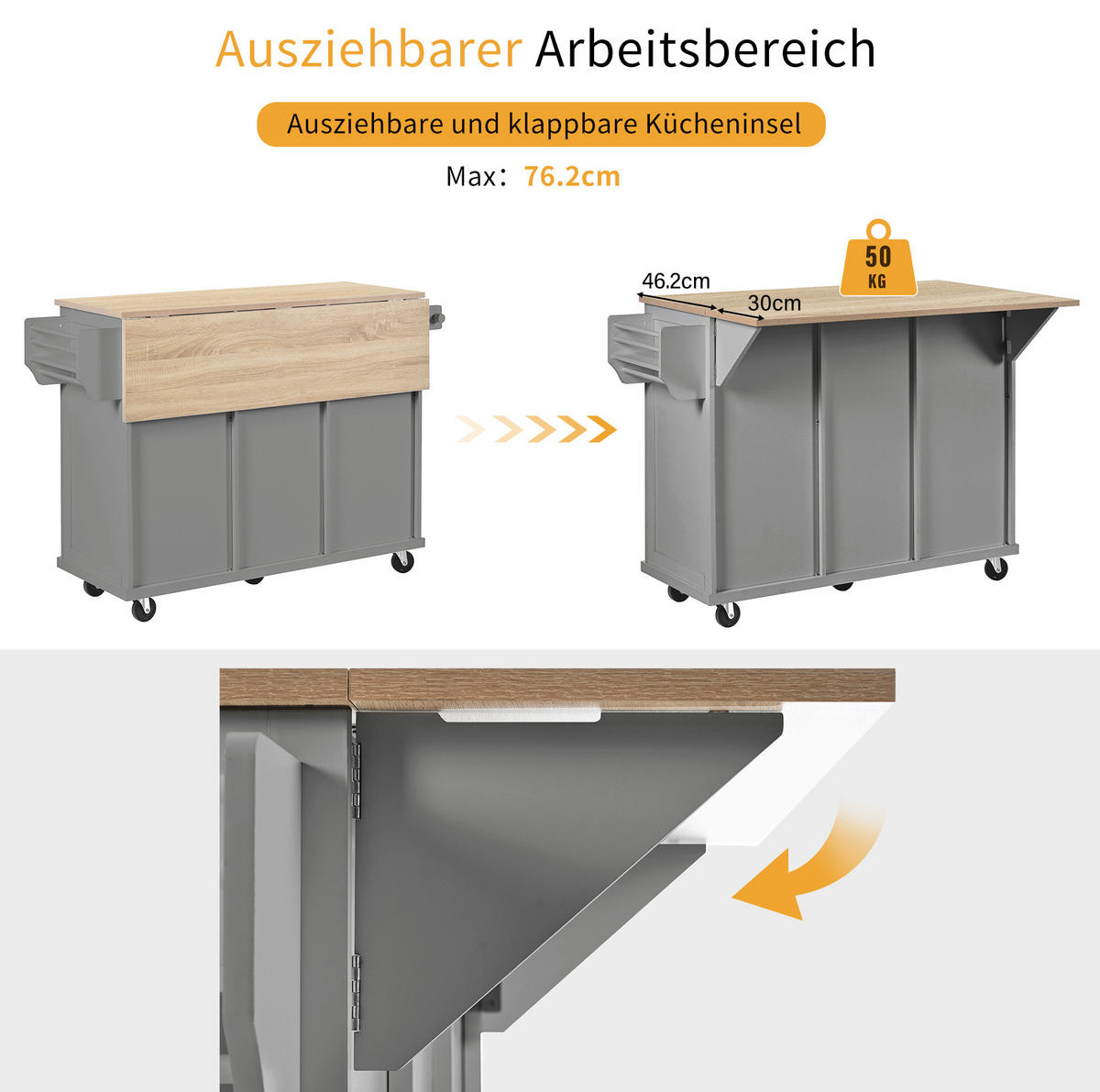 KÜCHENINSEL 112/46,2-76,2/92,7 cm aus MDF mit ausziehbarer Arbeitsplatte, Abfallfach und Rollen, Natur/Grau - Grau, Holzwerkstoff (112/92.7/76.2cm) - Redom