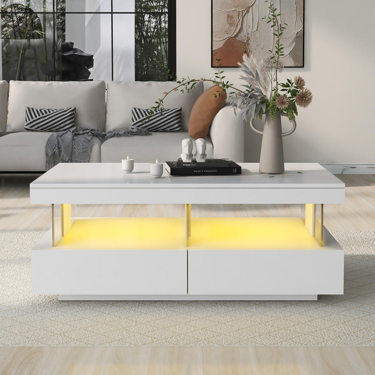 COUCHTISCH 100/60/49,5 cm mit LED-Beleuchtung, 2 Schubladen und Glaseinsätzen, Weiß - Weiß, Holzwerkstoff (100/60/49.5cm) - Redom
