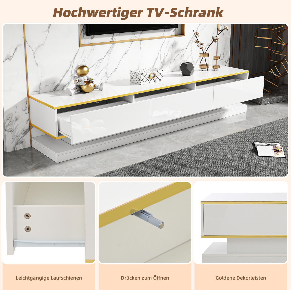TV stolek a Jídelní stůl 200/40/40 cm a 100/50/38 cm s lesklým povrchem, 3+2 zásuvkami a zlatým okrajem, Teplá bílá - bílá, kompozitní dřevo (200/40/40cm) - Redom