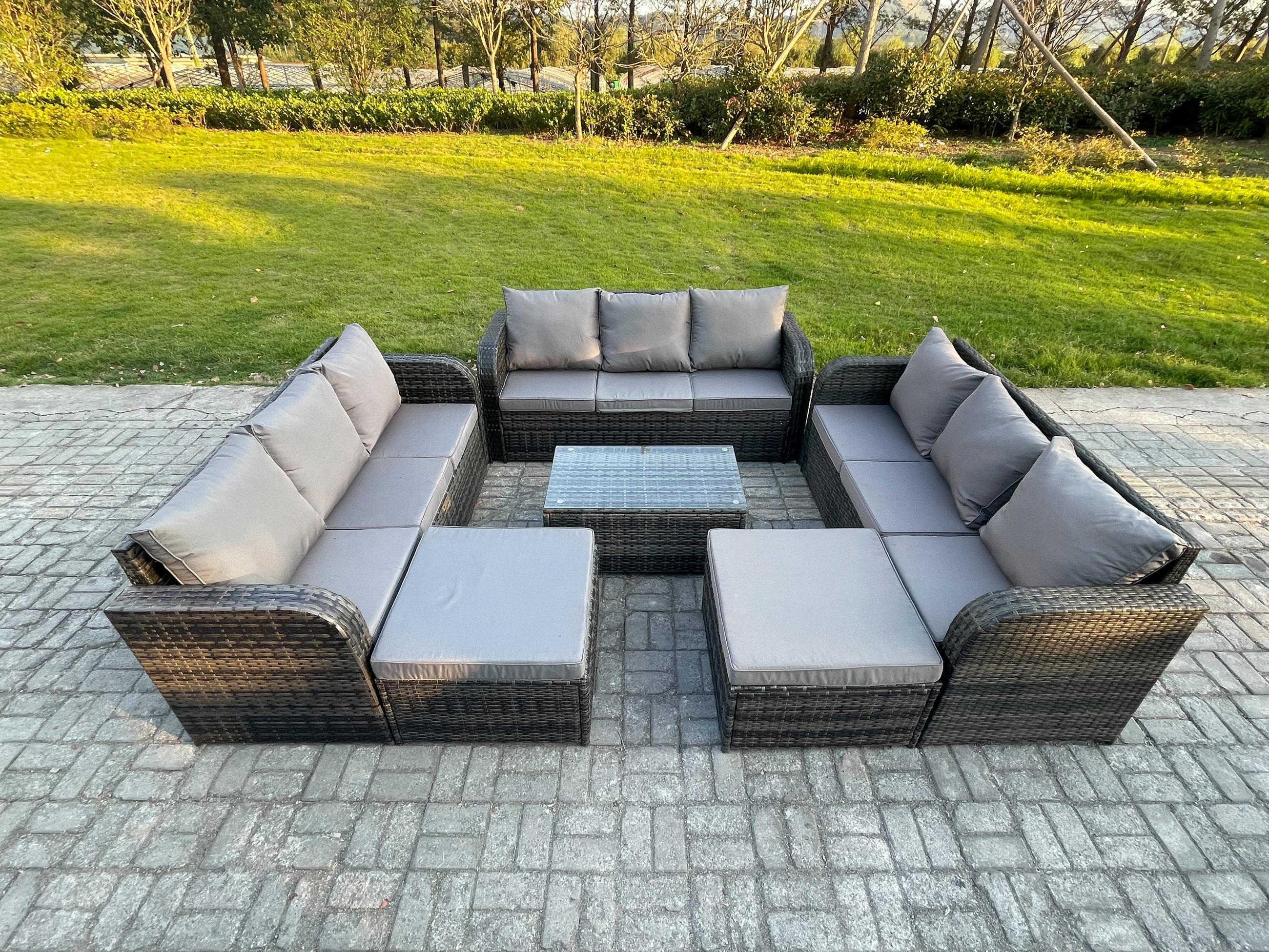 GARTENMÖBELGARNITUR mit KISSEN Polyrattan Dunkelgrau 11-Sitzer - Dunkelgrau/Grau, Glas/Kunststoff - Fimous