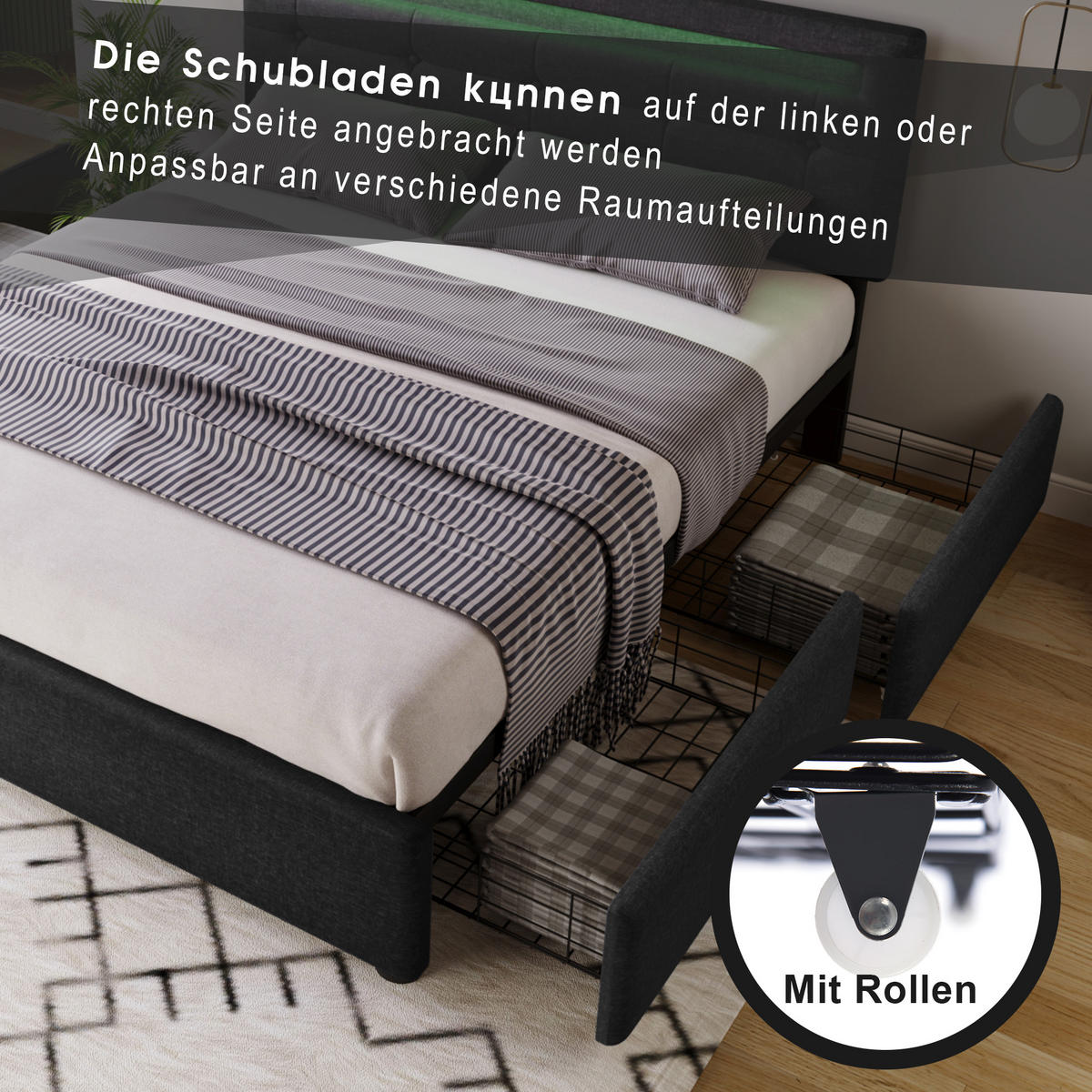 POLSTERBETT 140/200 cm mit LED-Beleuchtung, 4 Schubladen, verstellbarem Kopfteil und Matratze, Schwarz - Schwarz, Textil - Redom