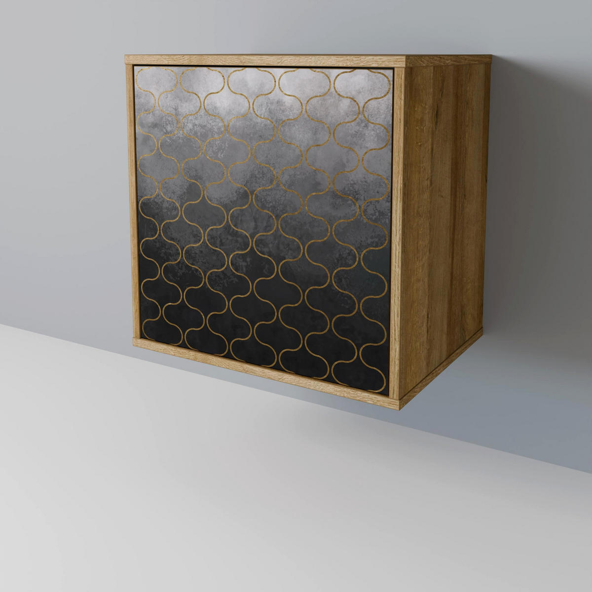 SIDEBOARD TESSELATED GRAYISH, Eichefarben, 57,5x42x70,5 cm, Schwarze Metall-Sternfüße - Eichefarben/Multicolor, Holzwerkstoff/Metall (57.5/70.5/42cm) - SpaceRebels