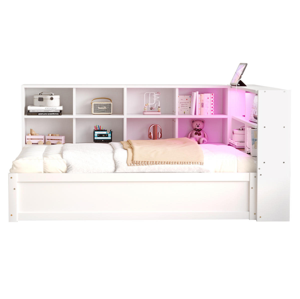 BETT 90/200 cm mit Kopfteil, Stauraum und LED-Leiste in Weiß - Weiß, Holz (90/200cm) - BEAOK