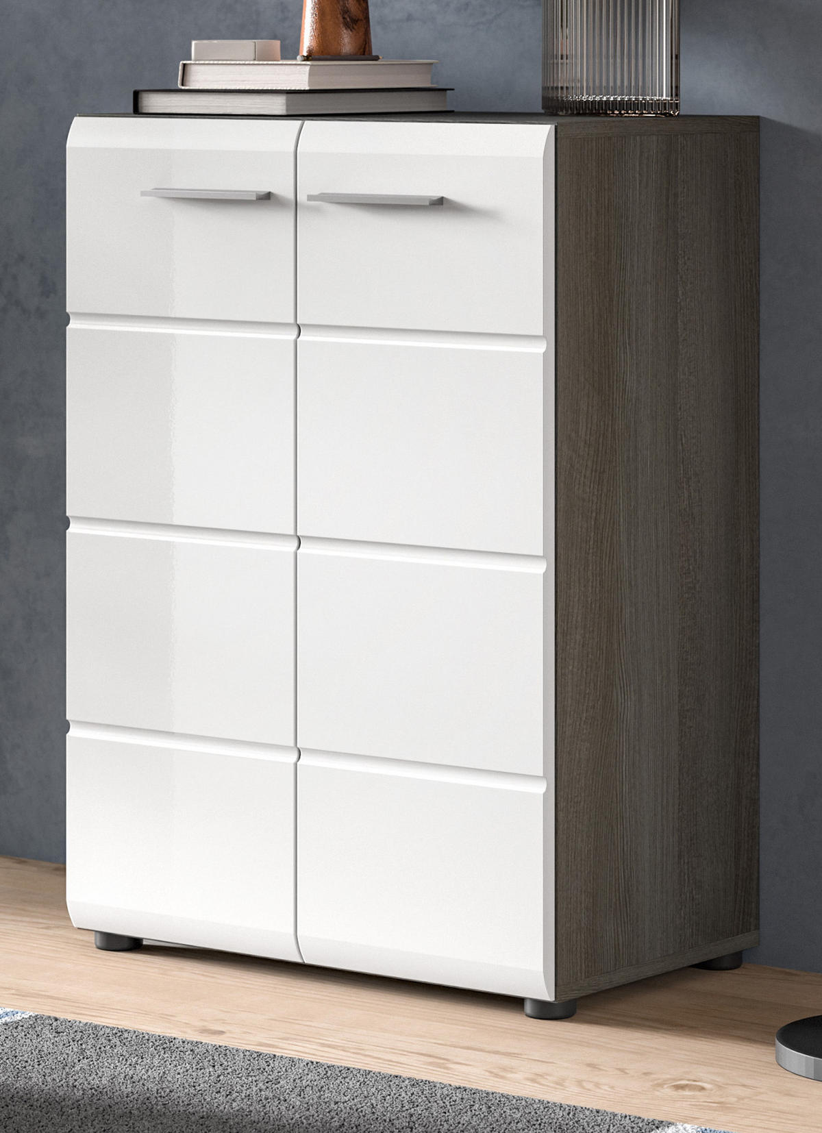 KOMMODE weiß Hochglanz, grau 60 cm, Sideboard mit Rillenoptik - Weiß Hochglanz/Silberfarben, Holzwerkstoff/Kunststoff (60/85/37cm) - Inn.Furn