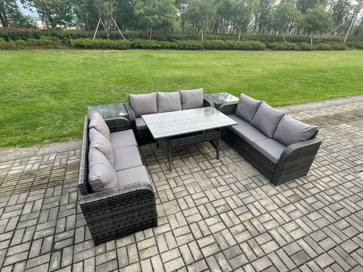 GARTENTISCHGRUPPE mit 2 Beistelltischen Polyrattan Dunkelgrau 9-Sitzer - Dunkelgrau/Grau, Glas/Kunststoff - Fimous