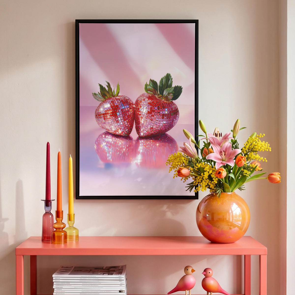 LEINWAND Bilder mit Rahmen - Disco - Obst - Glitzer - Erdbeere - 40x60 - Pink, Textil (40/60cm) - MuchoWow