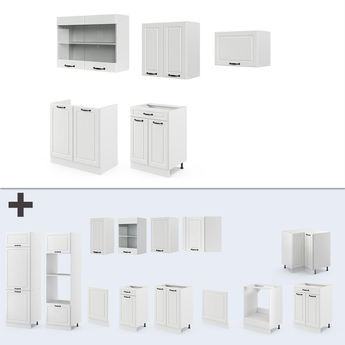 KÜCHENZEILE R-Line Weiß Landhaus/Weiß 200 cm, AP Marmor - Creme/Weiß, Holzwerkstoff (200/81.6/60cm) - Vicco