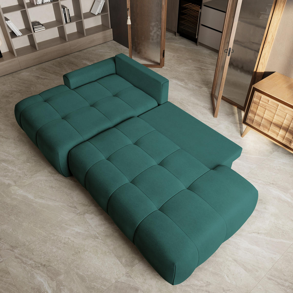 ECKSOFA FLUMA CL L-S Blau Samtstoff mit Schlaffunktion - Blau, Holzwerkstoff/Textil (279/158cm) - MASSENO