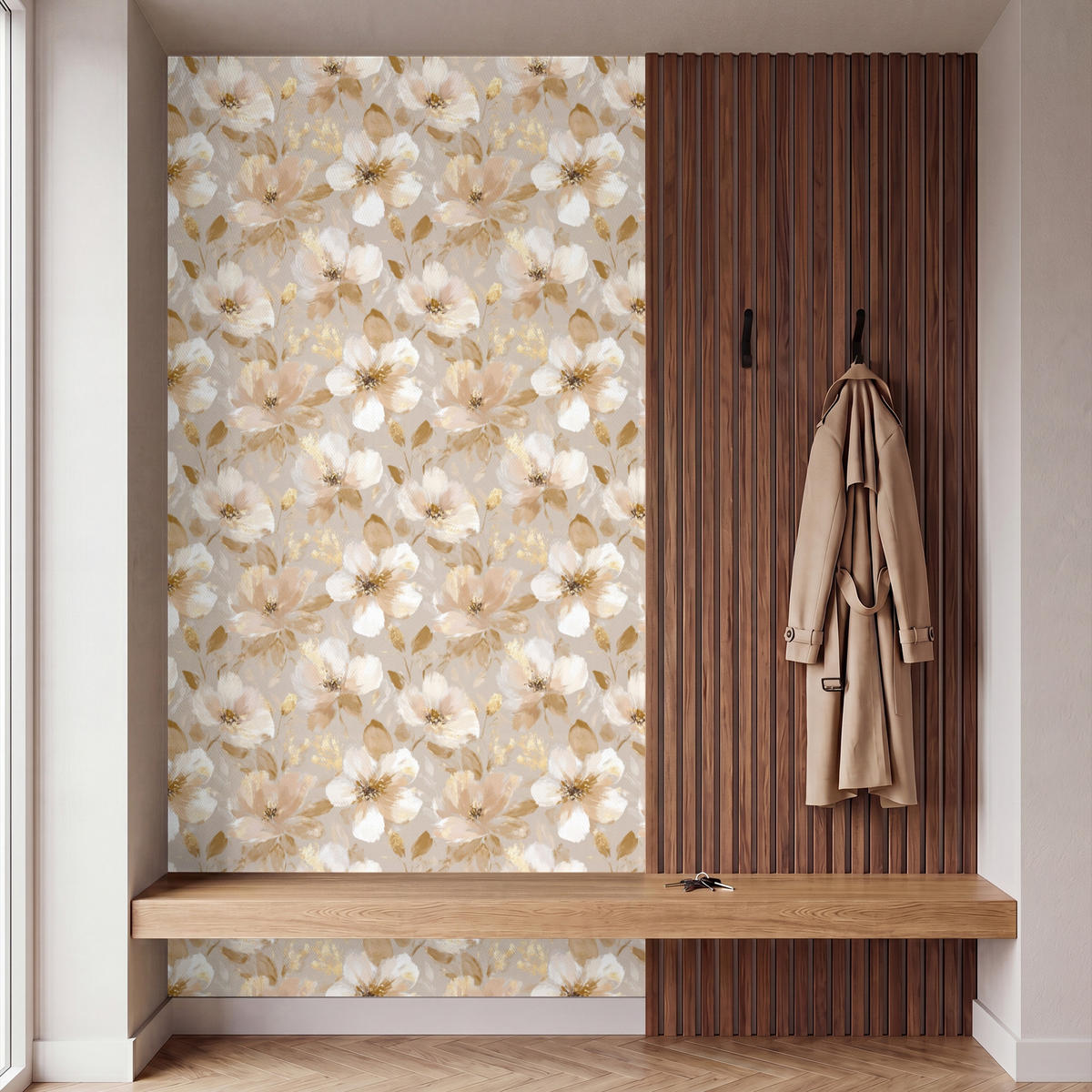 TAPETE - Blumen - künstlerisch - Gold - 140x280 cm - Beige, Papier (140/280cm) - OnlyWow
