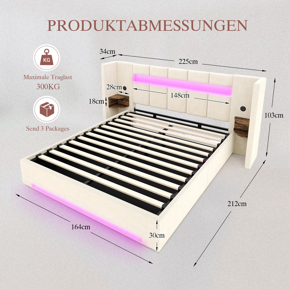 POLSTERBETT 160/200 cm mit USB-Anschlüssen, LED-Beleuchtung, Hydraulik und Stauraum, Beige - Beige, Textil (160/200cm) - Redom