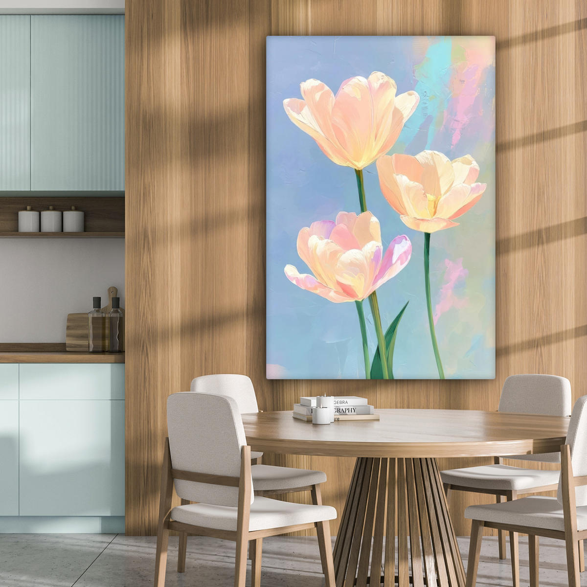 LEINWANDBILD Tulpen - Rosa Akzente - Blau Deko Groß 90x140 cm - Pastellblau, Textil (90/140cm) - MuchoWow