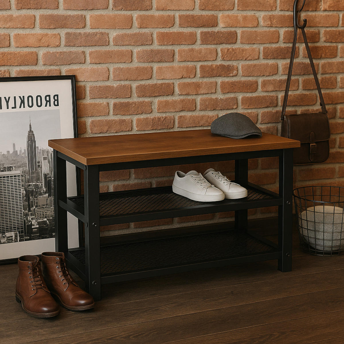 SCHUHBANK Metall Holzoptik Dunkelbraun Schwarz mit 2 Ablagen 73×30×45 cm - Dunkelbraun/Schwarz, Holzwerkstoff/Metall (73/45/30cm) - Begryf