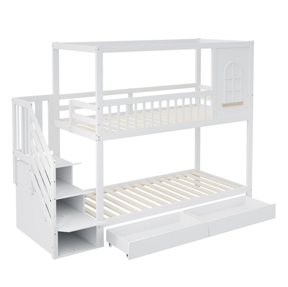 ETAGENBETT 90/200 cm Weiß mit Sicherheitszaun und Stauraum - Weiß, Holz (90/200cm) - OKWISH