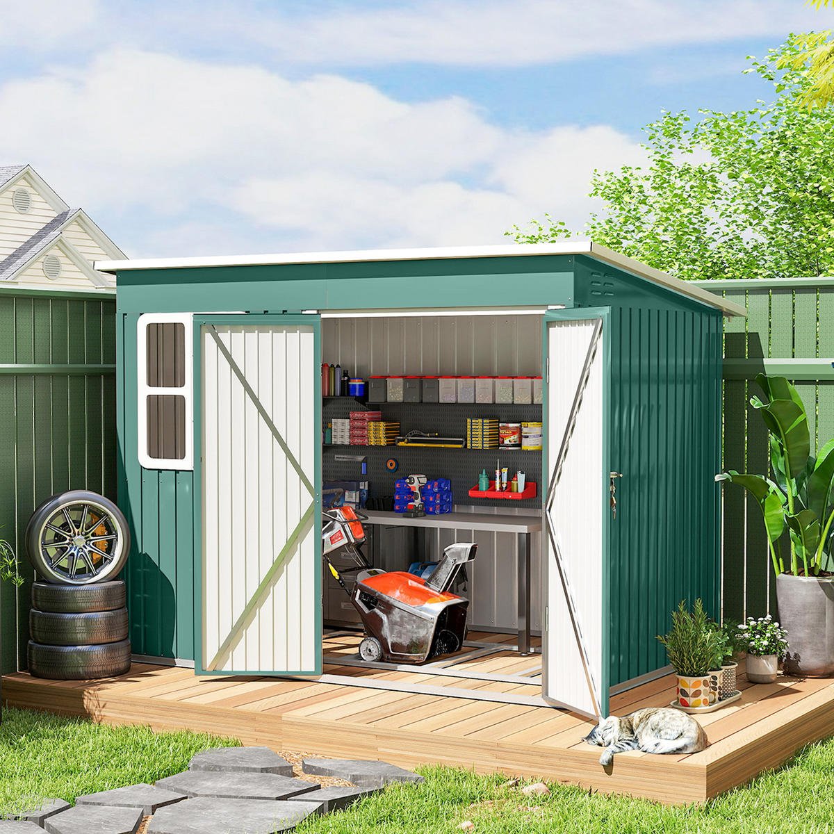 METALL Gerätehaus 4,13 m² Geräteschuppen mit Fenster Pultdach Abschließbar - Grün, Metall (177/190/260cm) - Outsunny