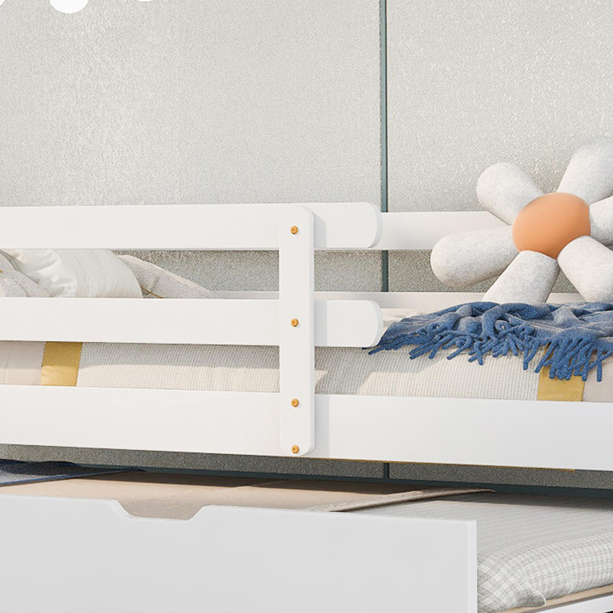 HAUSBETT 90/200 cm & 90/190 cm in Weiß & Natur mit Ausziehbett Massivholz - Weiß/Naturfarben, Holz (90/200cm) - CHICFURN