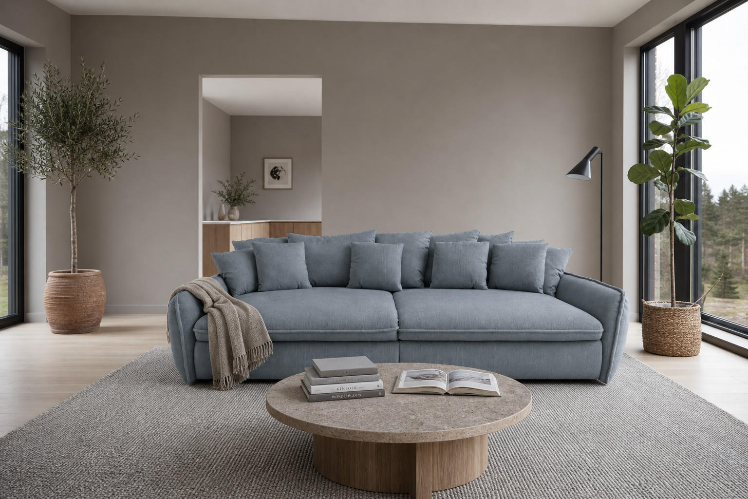 BIGSOFA Hereford XXL Cord Blau inkl. 12 Kissen 274/131/61 cm - Grau, Kunststoff/Textil (274/61/131cm) - foamnova