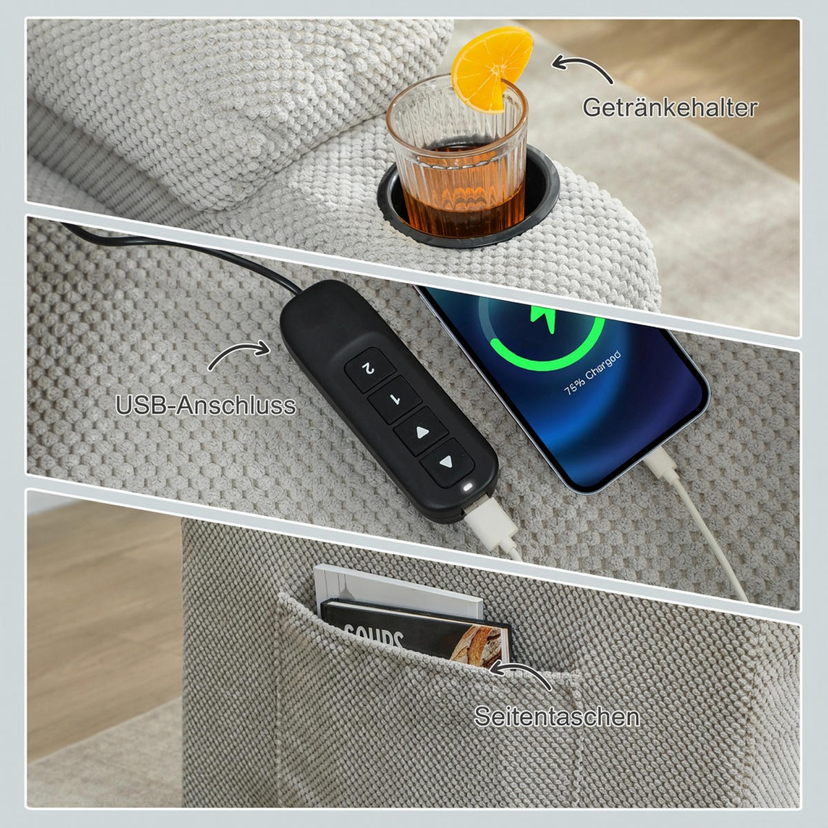 ELEKTRISCHER-RELAXSESSEL Samt Metall Grau - Schwarz/Grau, Textil/Metall (90/105/96cm) - HOMCOM