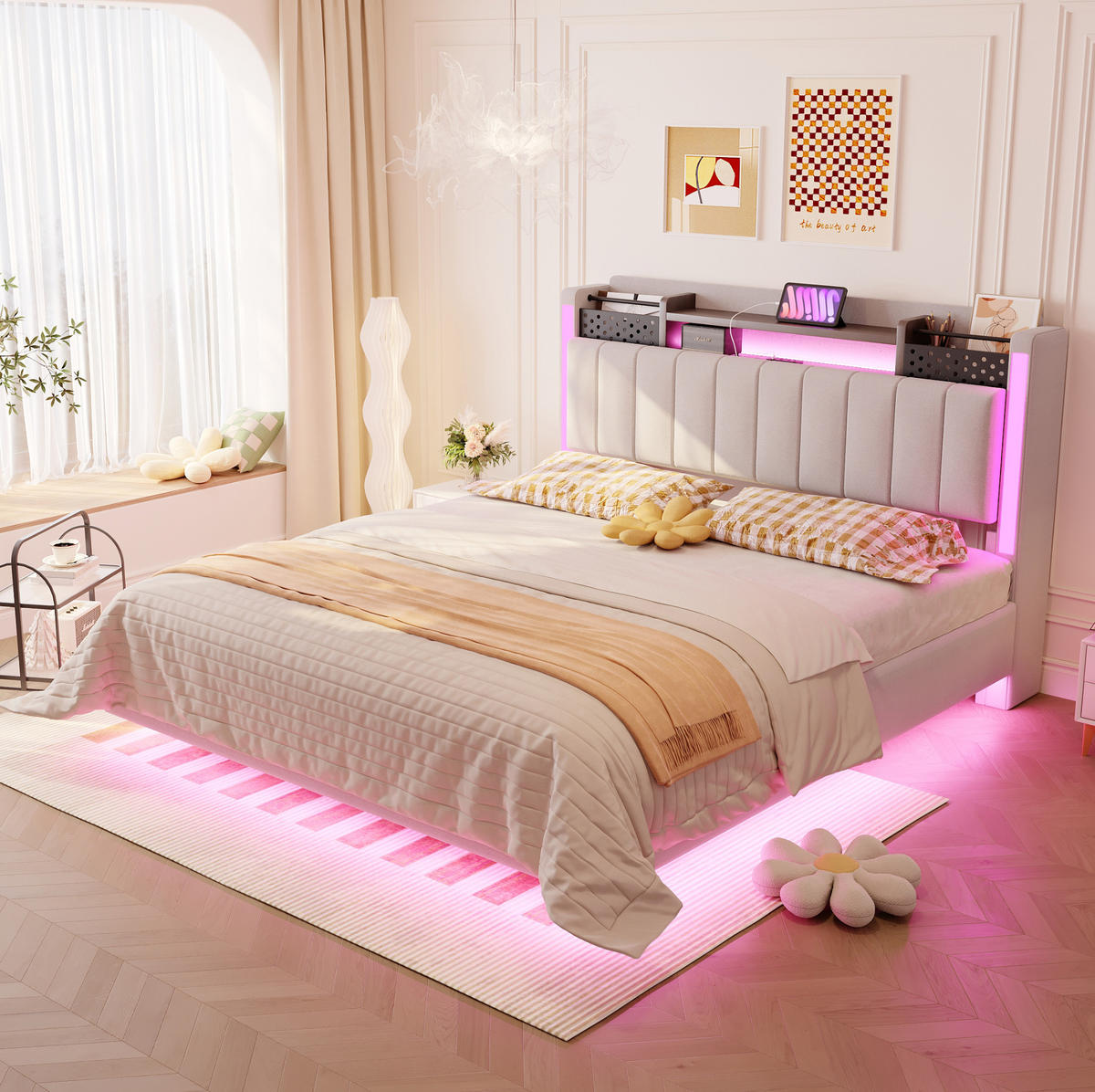 POLSTERBETT mit USB, LED und Stauraum 140x200 cm Leinenstoff Beige - Beige, Metall (140/200cm) - Meubliv