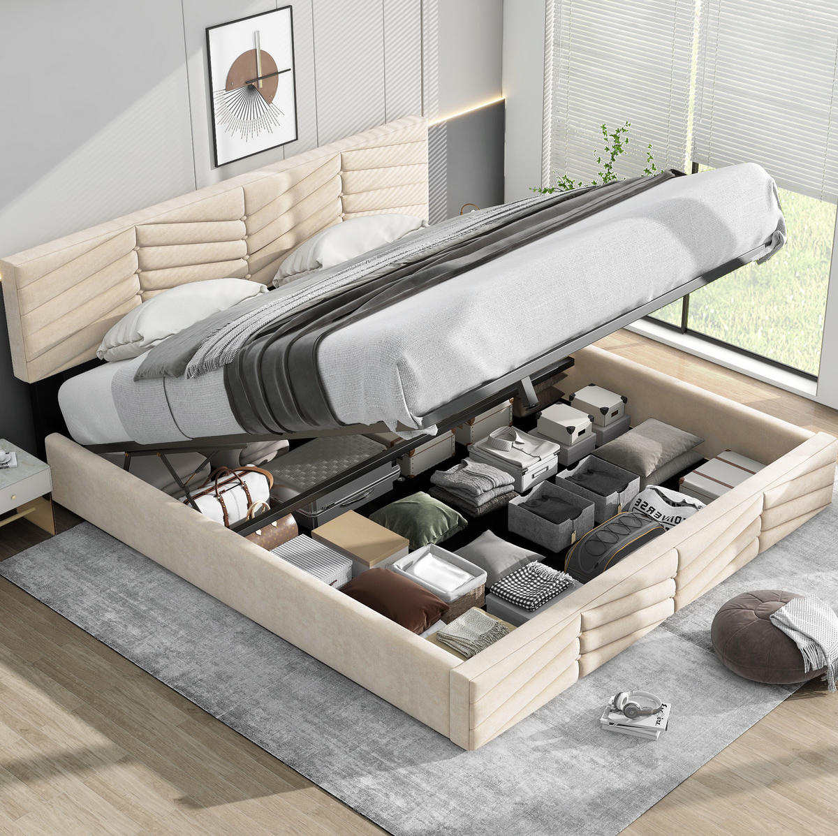 POLSTERBETT 180/200 cm beige mit hydraulischem Bettkasten und höhenverstellbarem Kopfteil - Beige, Textil (180/200cm) - OKWISH