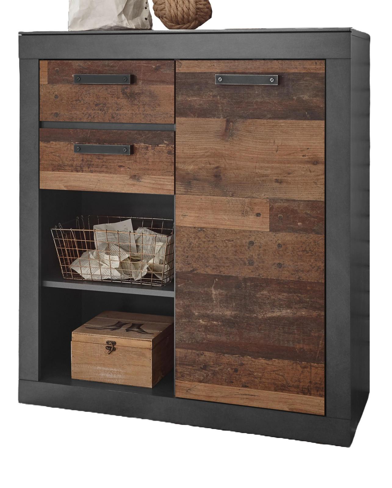 KOMMODE Old Used Wood Shabby Design mit grau, Anrichte, 92 x 104 cm - Braun/Grau, Holzwerkstoff/Kunststoff (92/104/40cm) - Furn.Design