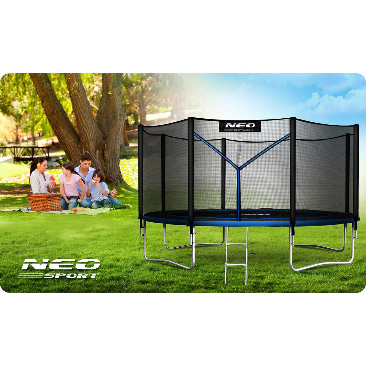 GARTENTRAMPOLIN 12 ft/374 cm mit Außennetz und Leiter - Blau, Metall (374/374cm)