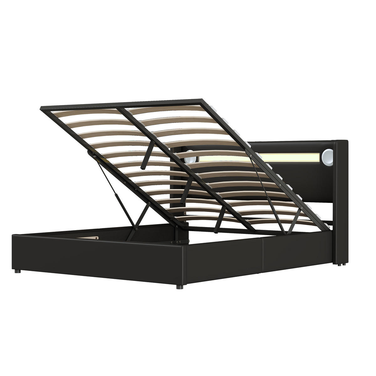 POLSTERBETT 160/200 cm schwarz mit LED-Beleuchtung und Bluetooth-Player - Schwarz, Kunststoff (160/200cm) - OKWISH