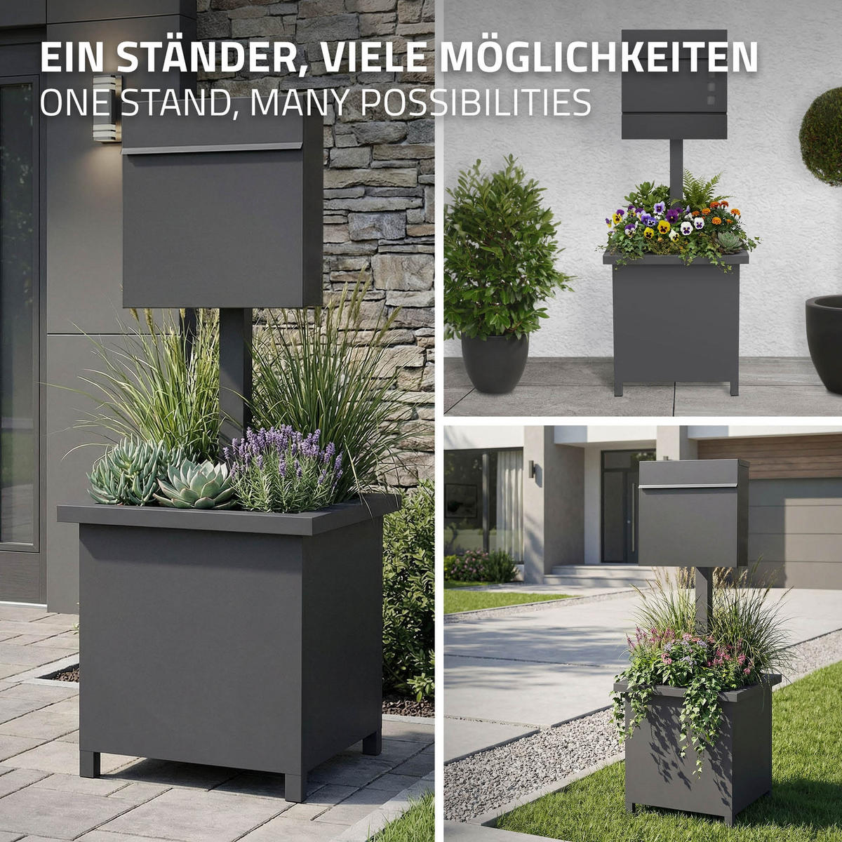 BRIEFKASTENSTÄNDER mit Pflanzkasten Anthrazit H:120 cm aus Stahl - Grau, Metall (120cm) - ML-DESIGN