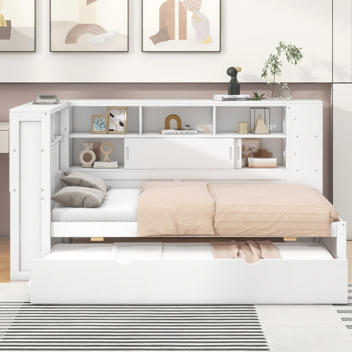 MULTIFUNKTIONSBETT 90/200 cm weiß mit Ausziehbett und USB-Ladeanschluss - Weiß, Holzwerkstoff (90/200cm) - OKWISH