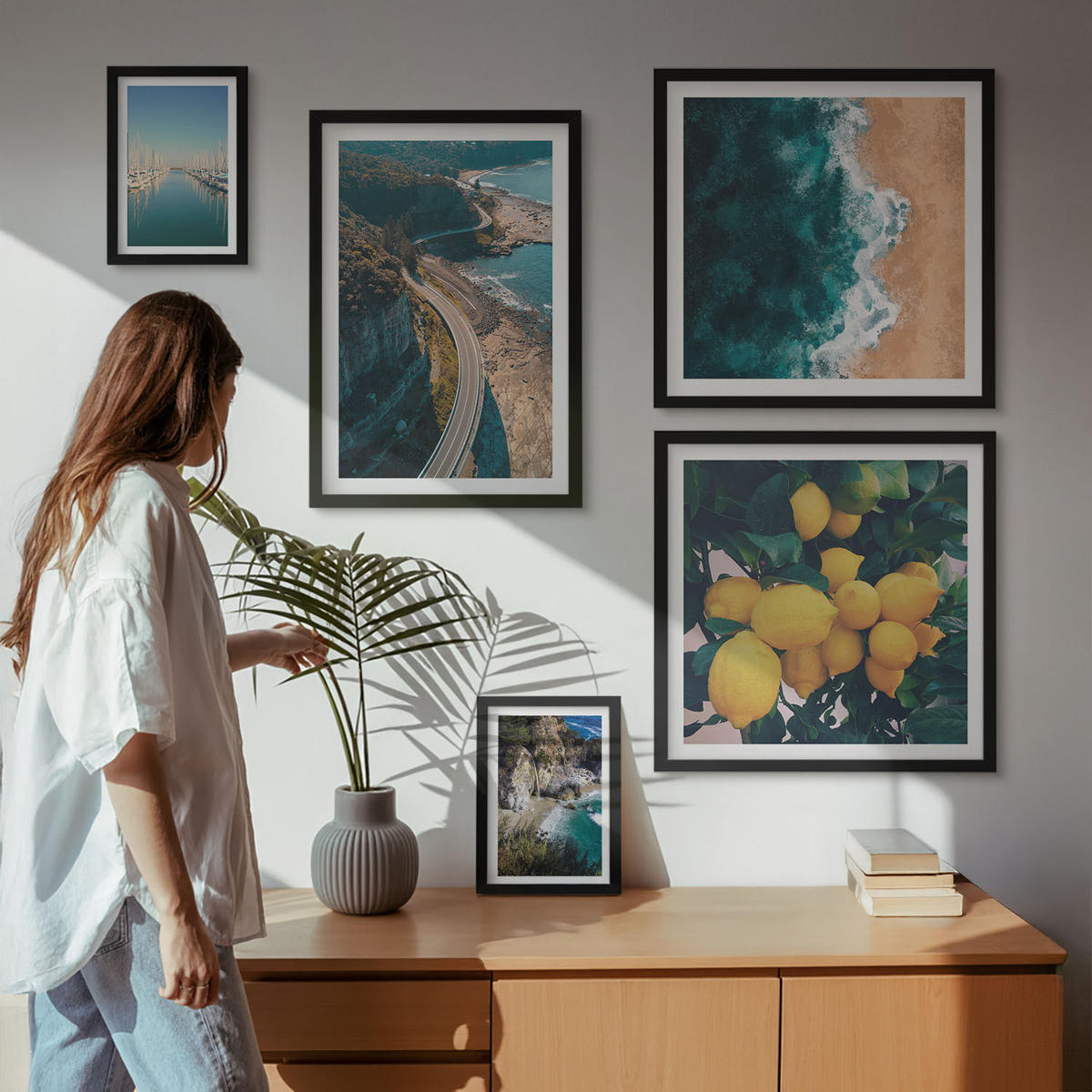 WANDBILDER 5er-Set - 50x50 cm & 20x30 cm & 40x60 cm Schwarzer Rahmen - Straßen am Meer, ein Meer aus Zitronen - Schwarz, Kunststoff (40/60cm) - ArtPrintCave