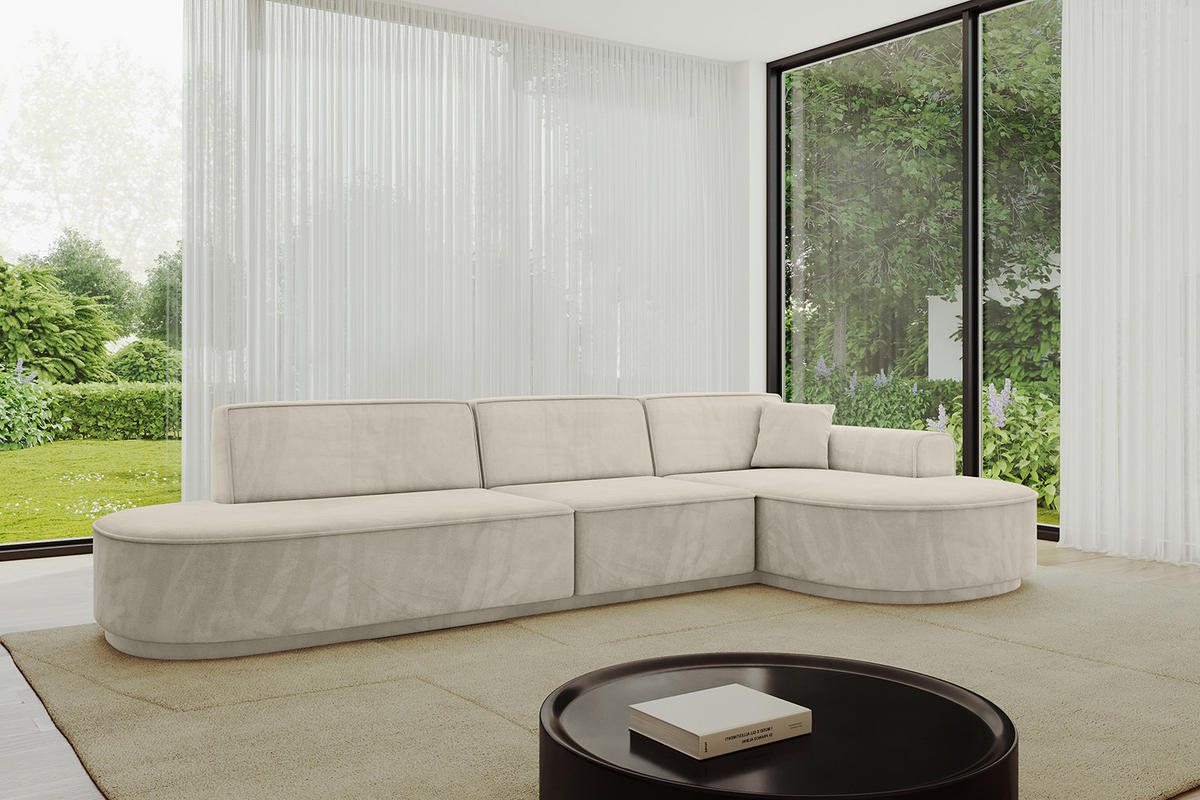 ECKSOFA Ottomane Rechts MARI-L2-v3 - 328x171x83 cm Ecru Velours - Ecru/Schwarz, Holzwerkstoff/Kunststoff (171/328cm) - ALTDECOR