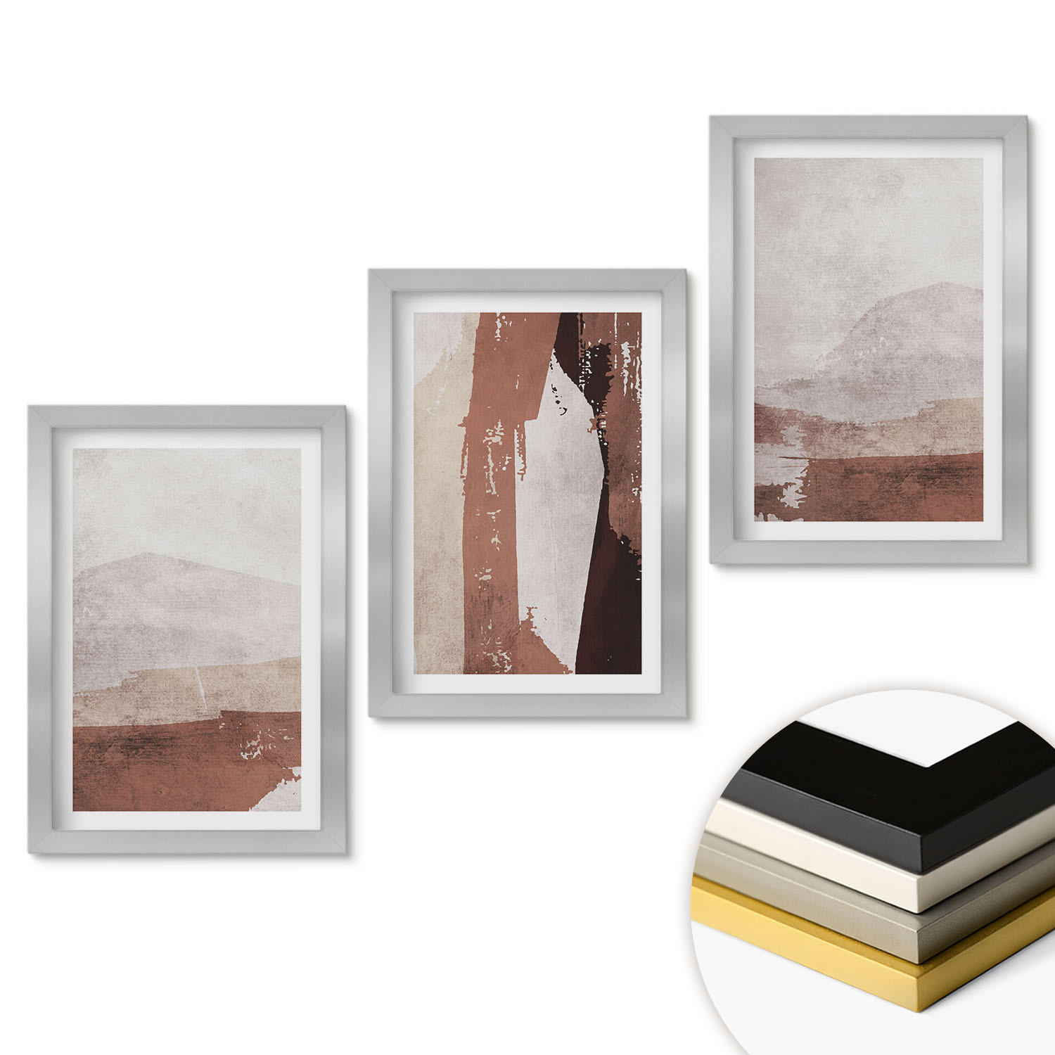 WANDBILDER 3er Set - 20x30 cm Silberner Rahmen - Braun-beige abstrakte Muster - Silberfarben, Kunststoff (20/30cm) - ArtPrintCave