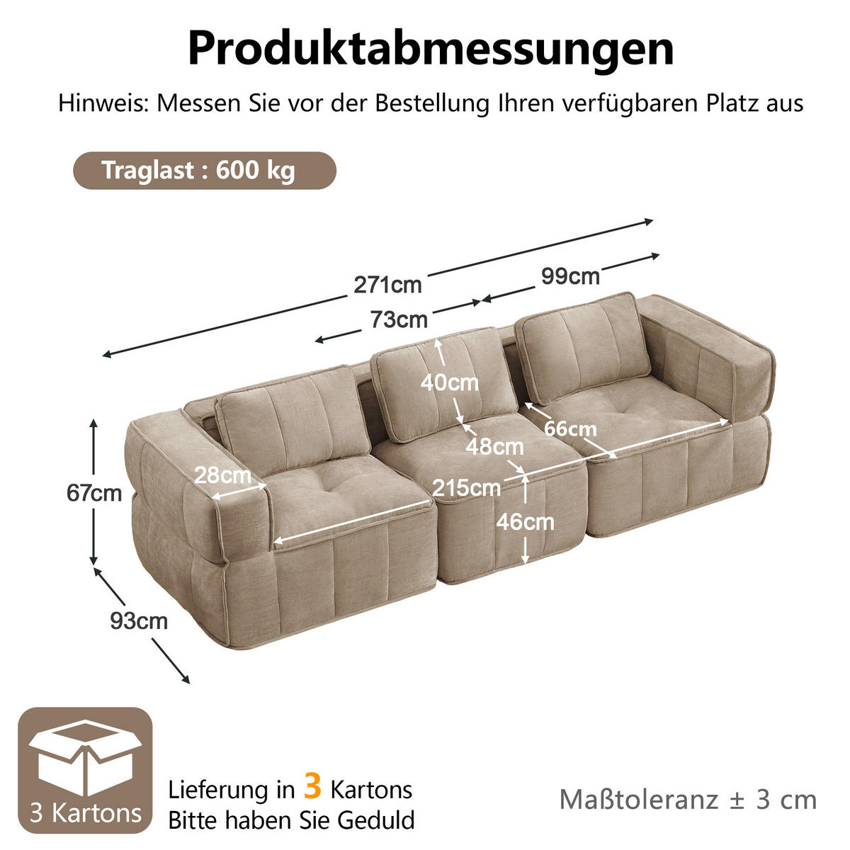 3-SITZER-SOFA DE-34428 mit stützenloses Design Sand - Sandfarben, Textil (93/67/271cm) - ComfortXL
