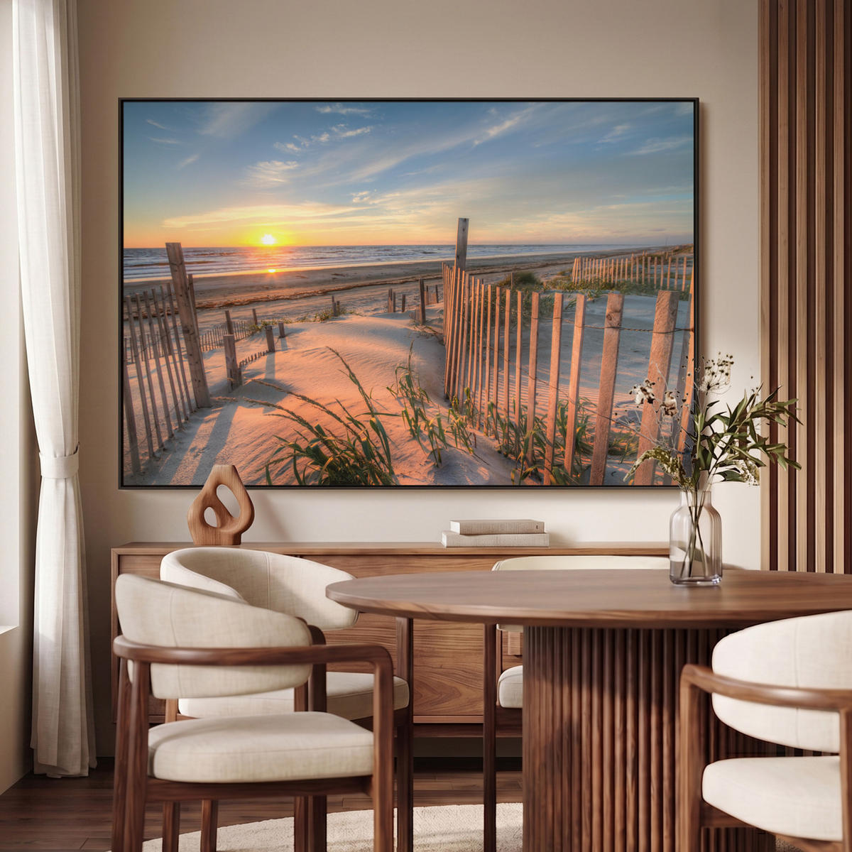LEINWAND Bilder mit Rahmen - Strand - Meer - Düne - Sonnenuntergang - Landschaft - 120x80 - Beige, Textil (120/80cm) - MuchoWow