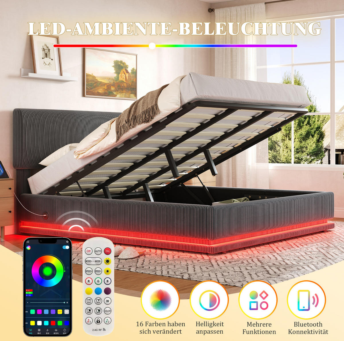 POLSTERBETT 180/200 cm mit LED-Beleuchtung, USB-C-Anschluss, verstellbarem Kopfteil und Bettkasten, Dunkelgrau - Dunkelgrau, Textil (180/200cm) - Redom