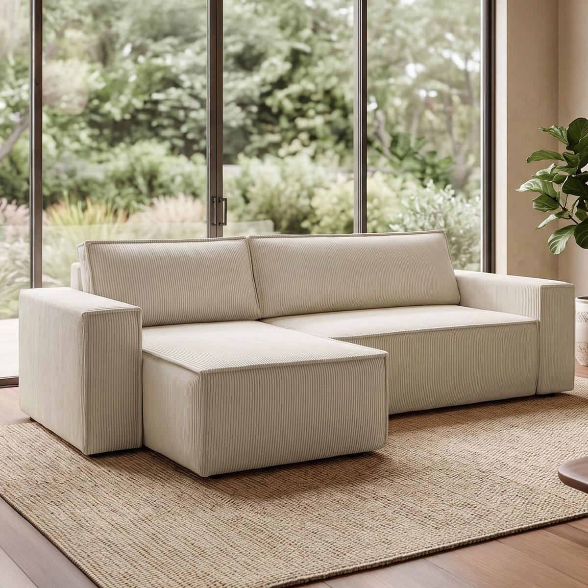 ECKSOFA-LINKS/RECHTS NAPI Schlaffunktion mit Cordbezug, cremig - Creme/Schwarz, Textil (262/148cm) - KONSIMO®